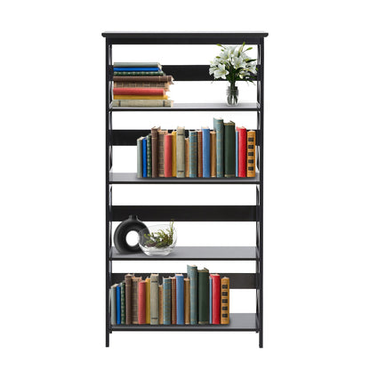 Black bookshelf with books and decorative items on a white background