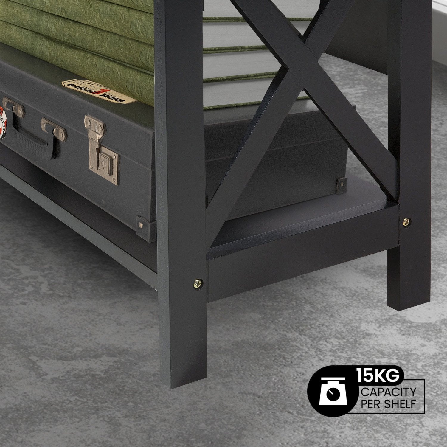 Black metal shelf with a suitcase on top, featuring a capacity label indicating 15KG per shelf.