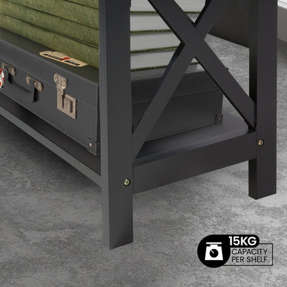 Black metal shelf with a suitcase on top, featuring a capacity label indicating 15KG per shelf.