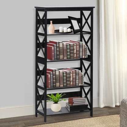 Black bookshelf with books and decor items against a neutral wall.