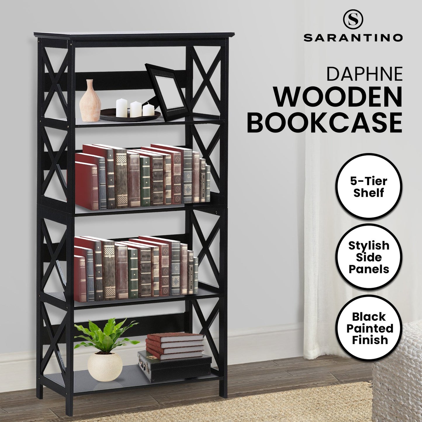 Black wooden bookcase with books and decor items, featuring the brand 'Sarantino'.