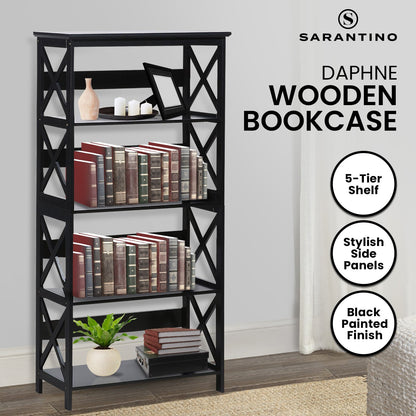 Black wooden bookcase with books and decor items, featuring the brand 'Sarantino'.