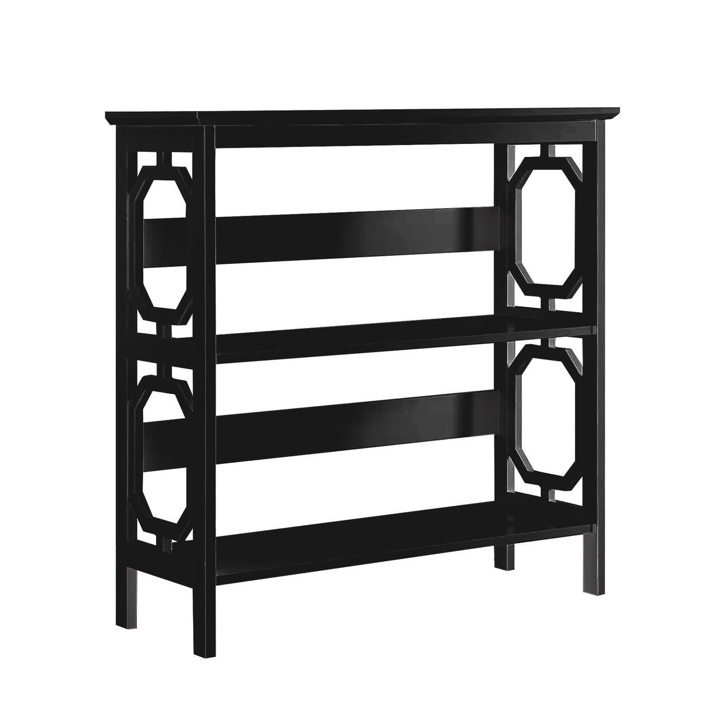 Black shoe rack with decorative cut-out design on a white background