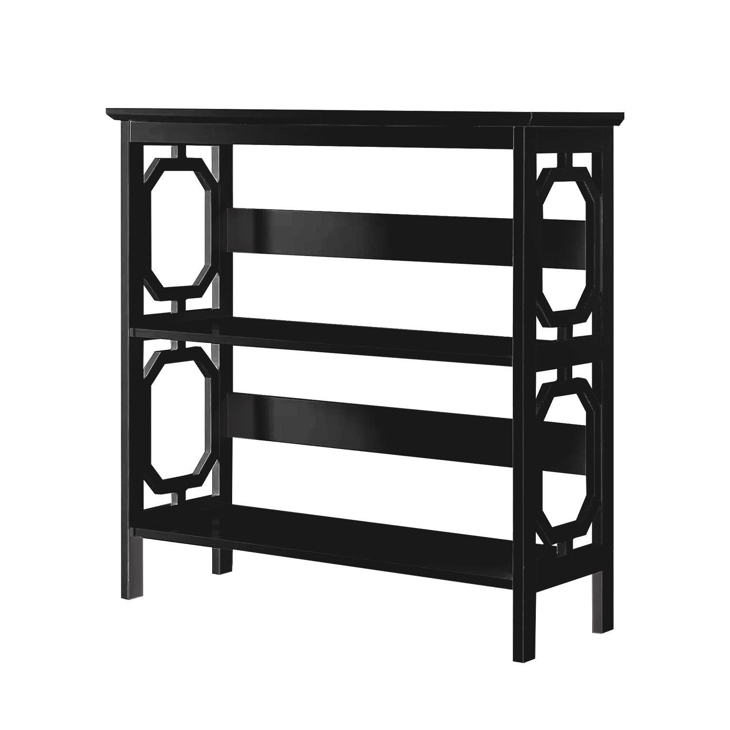 Black decorative shelf with intricate patterns on a white background