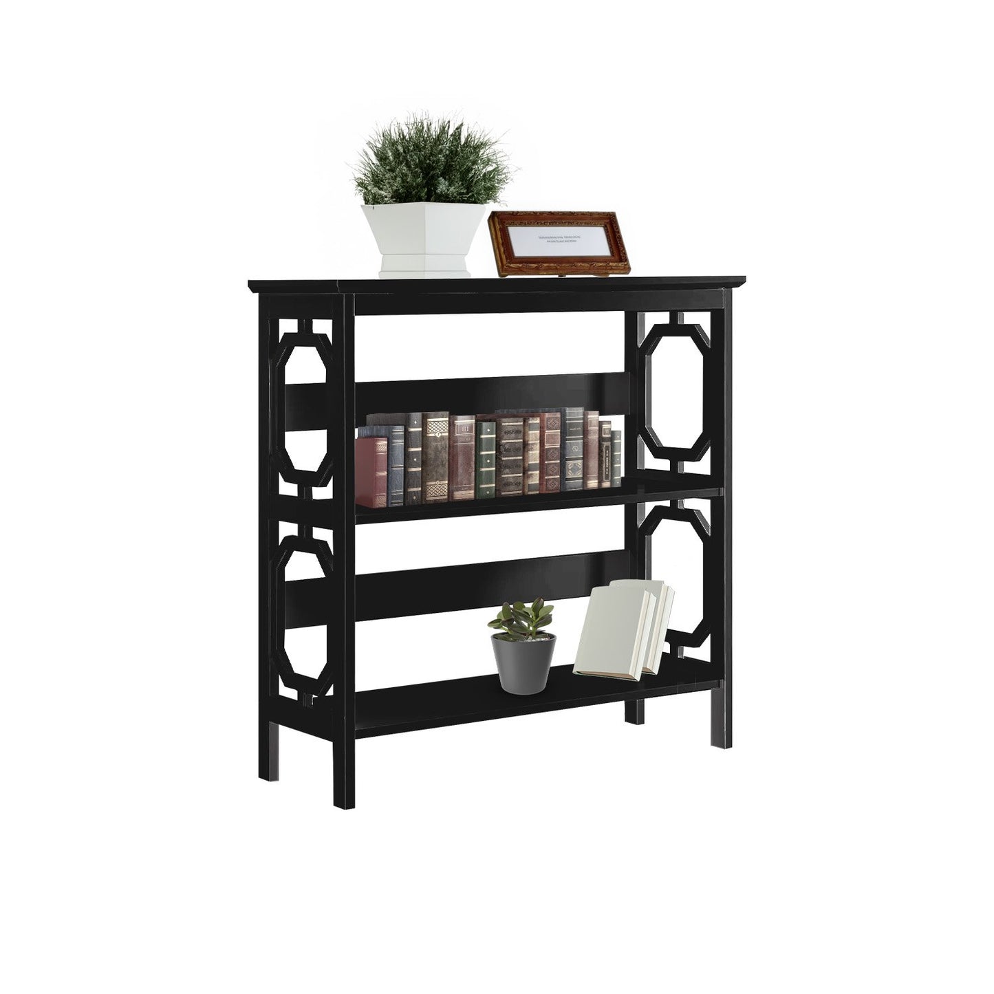 Black bookshelf with decorative items on a white background