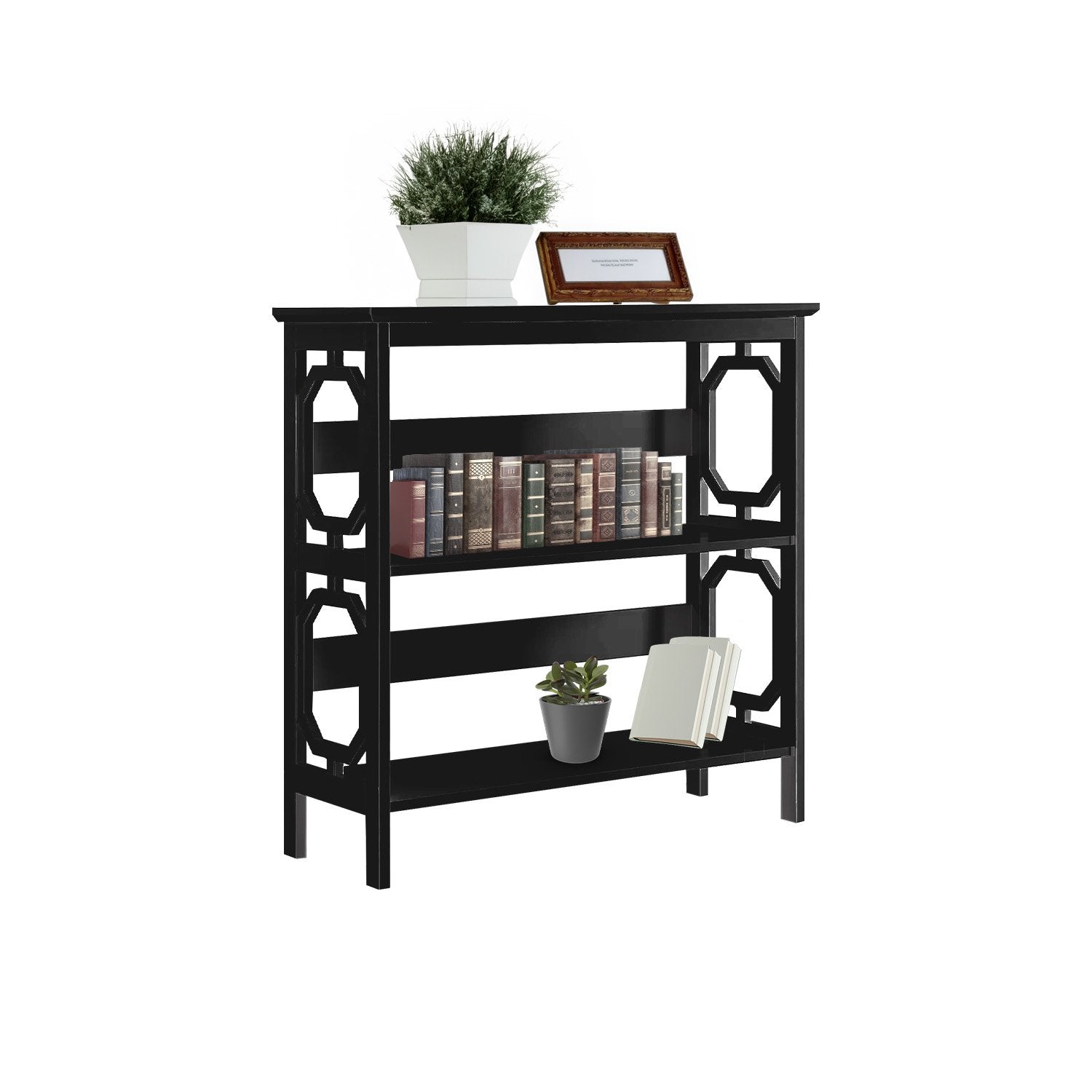 Black bookshelf with decorative items on a white background