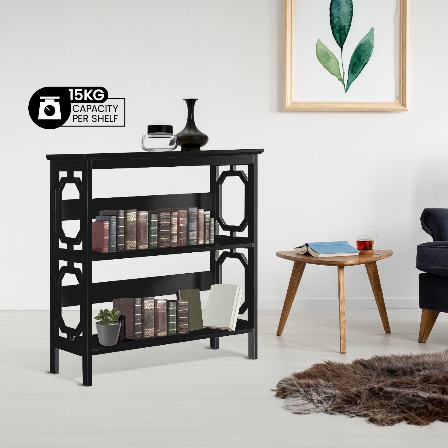 Black bookshelf with books in a living room setting, capacity label displayed.