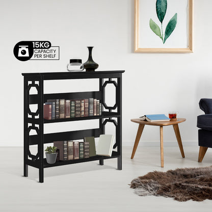 Black bookshelf with books in a living room setting, capacity label displayed.