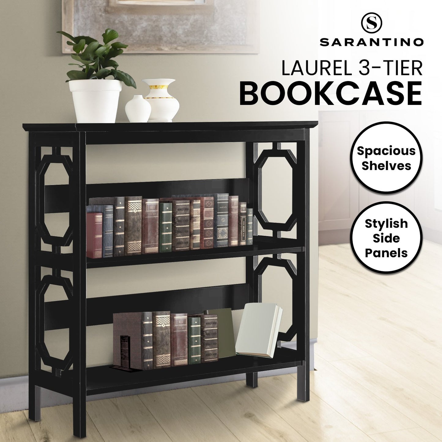 Black bookcase with books and decor items, featuring the brand 'Sarantino'.