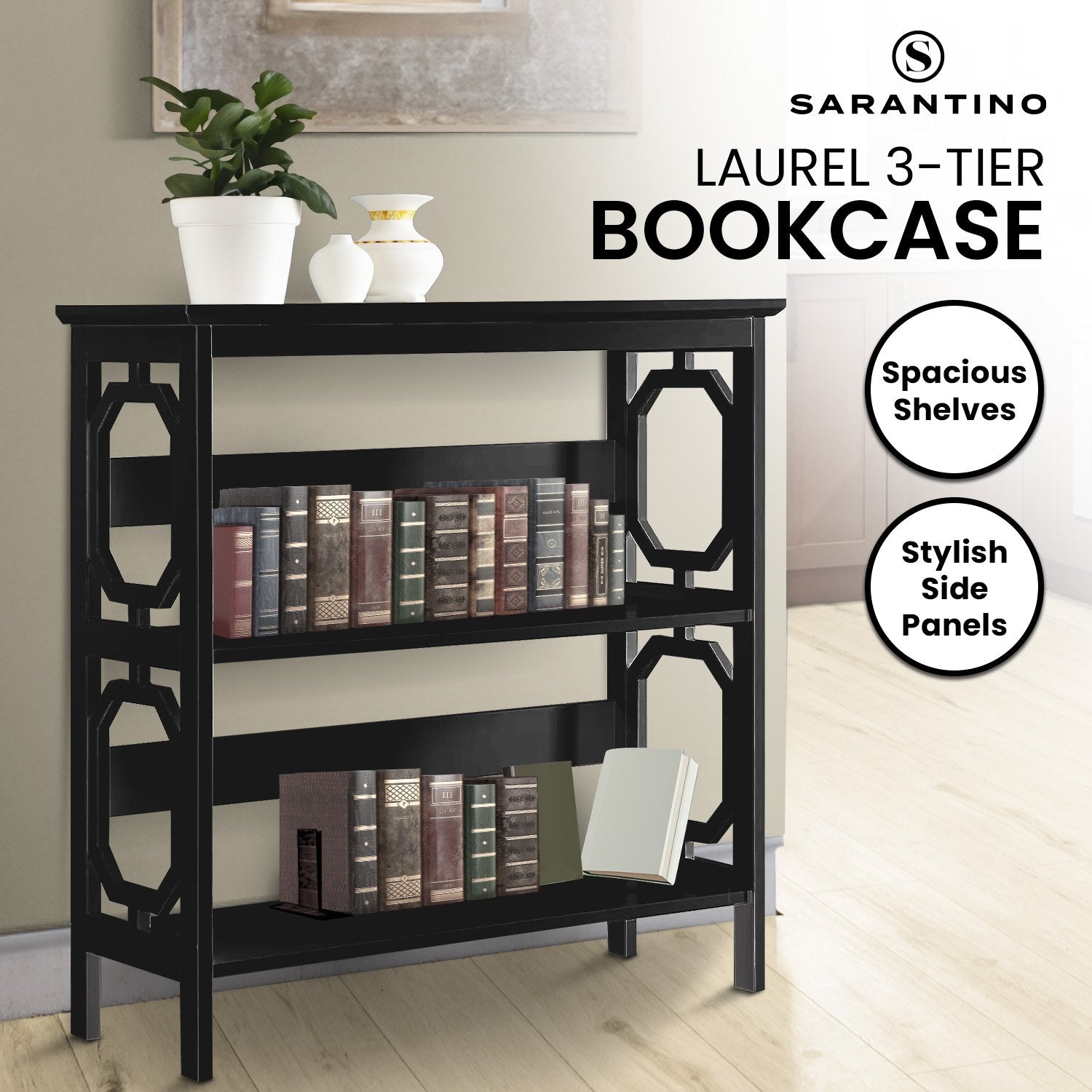 Black bookcase with books and decor items, featuring the brand 'Sarantino'.
