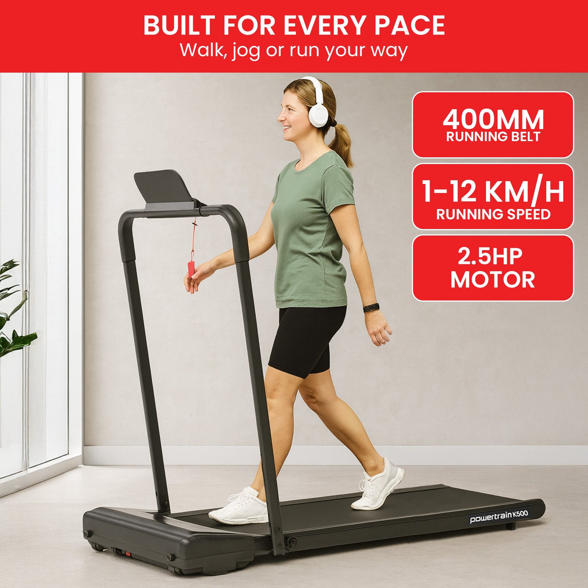 Woman using a treadmill with text highlighting features on a red background