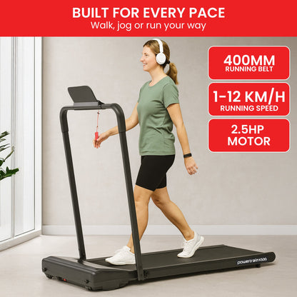 Woman using a treadmill with text highlighting features on a red background