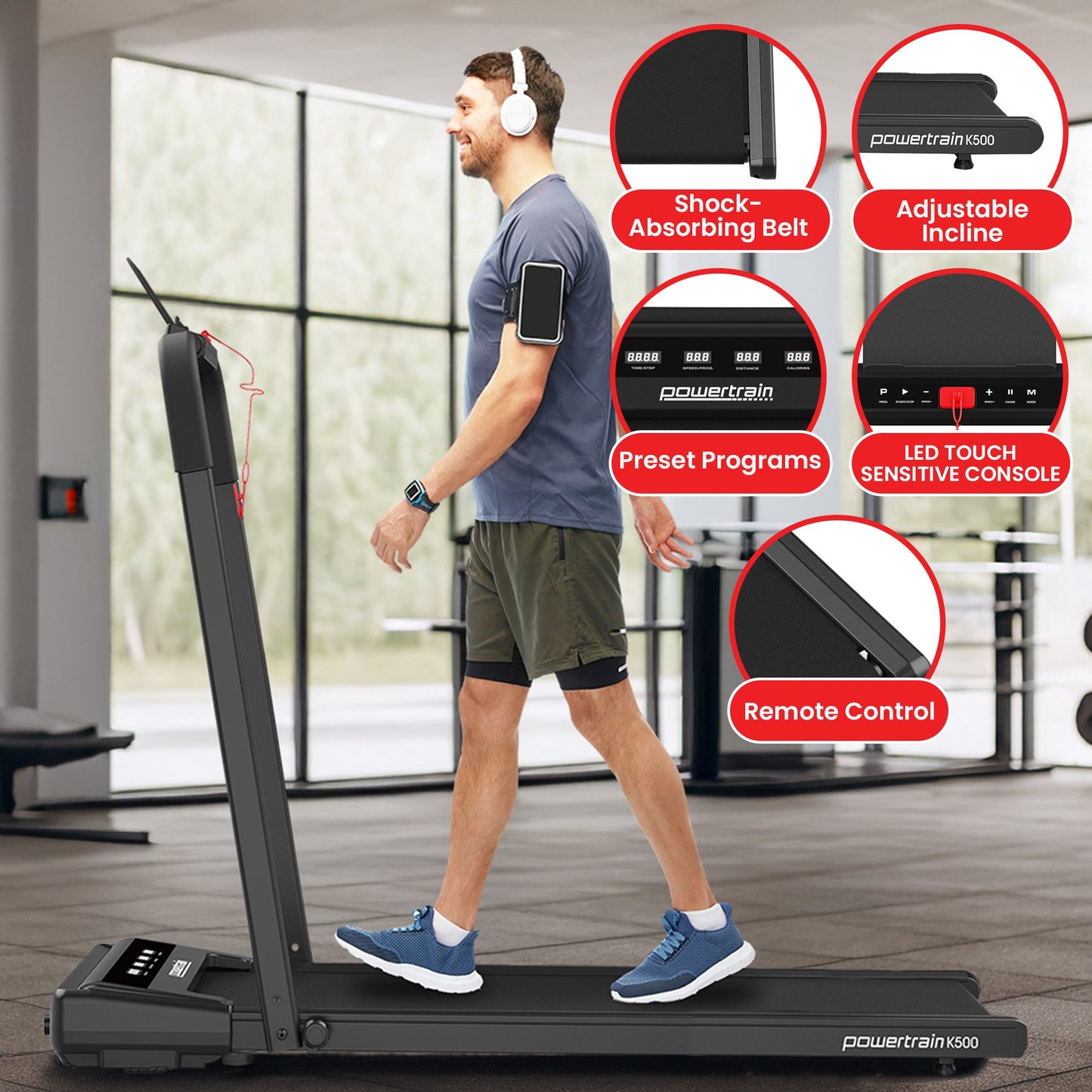 Man using a treadmill with features highlighted on the screen