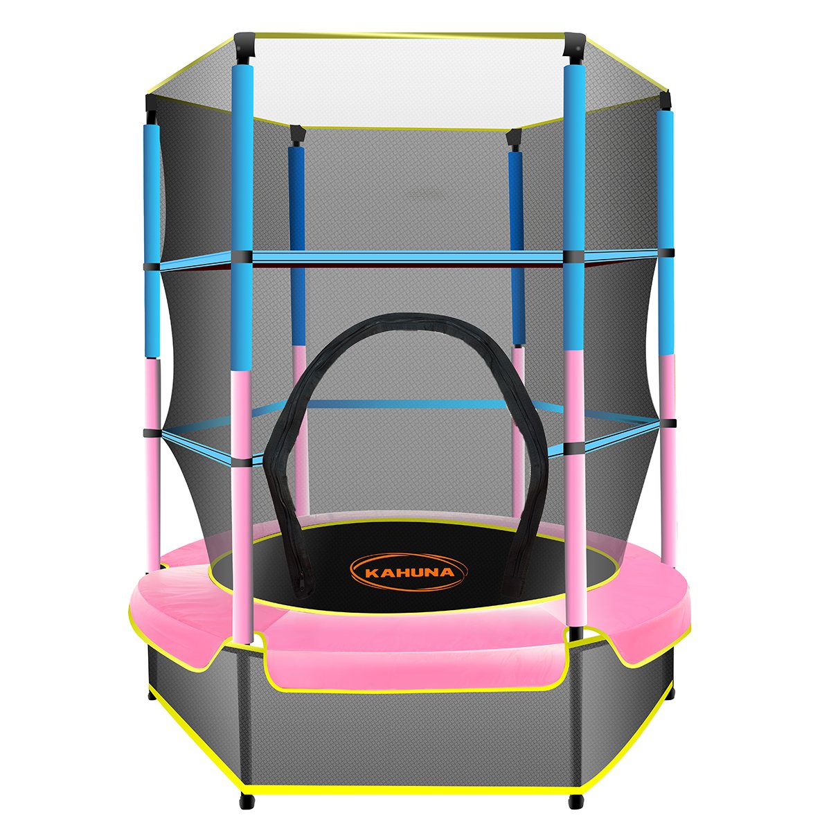 A 4.5 feet round trampoline with a safety net, spring pad cover, and pink, blue, and black padding.