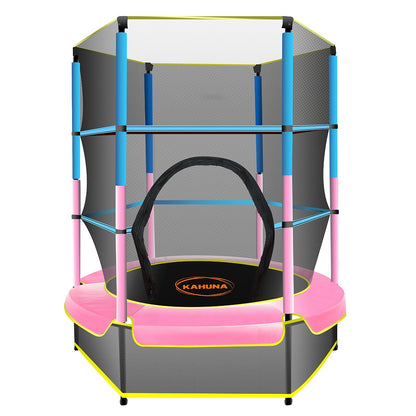A 4.5 feet round trampoline with a safety net, spring pad cover, and pink, blue, and black padding.