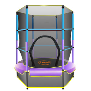 A 4.5 feet round trampoline with a safety net, spring pad cover, and poles in blue, purple, and yellow colors.