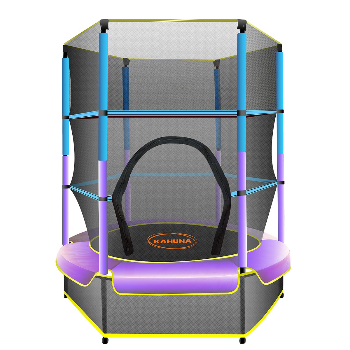 A 4.5 feet round trampoline with a safety net, spring pad cover, and poles in blue, purple, and yellow colors.