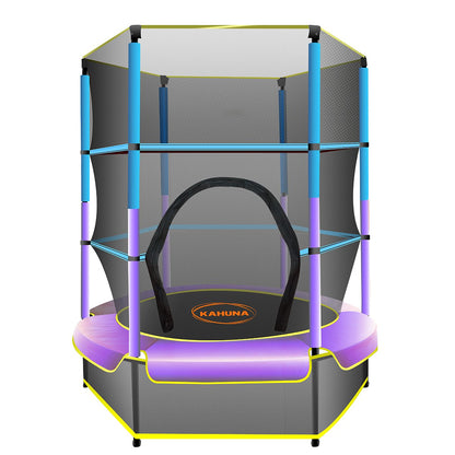 A 4.5 feet round trampoline with a safety net, spring pad cover, and poles in blue, purple, and yellow colors.