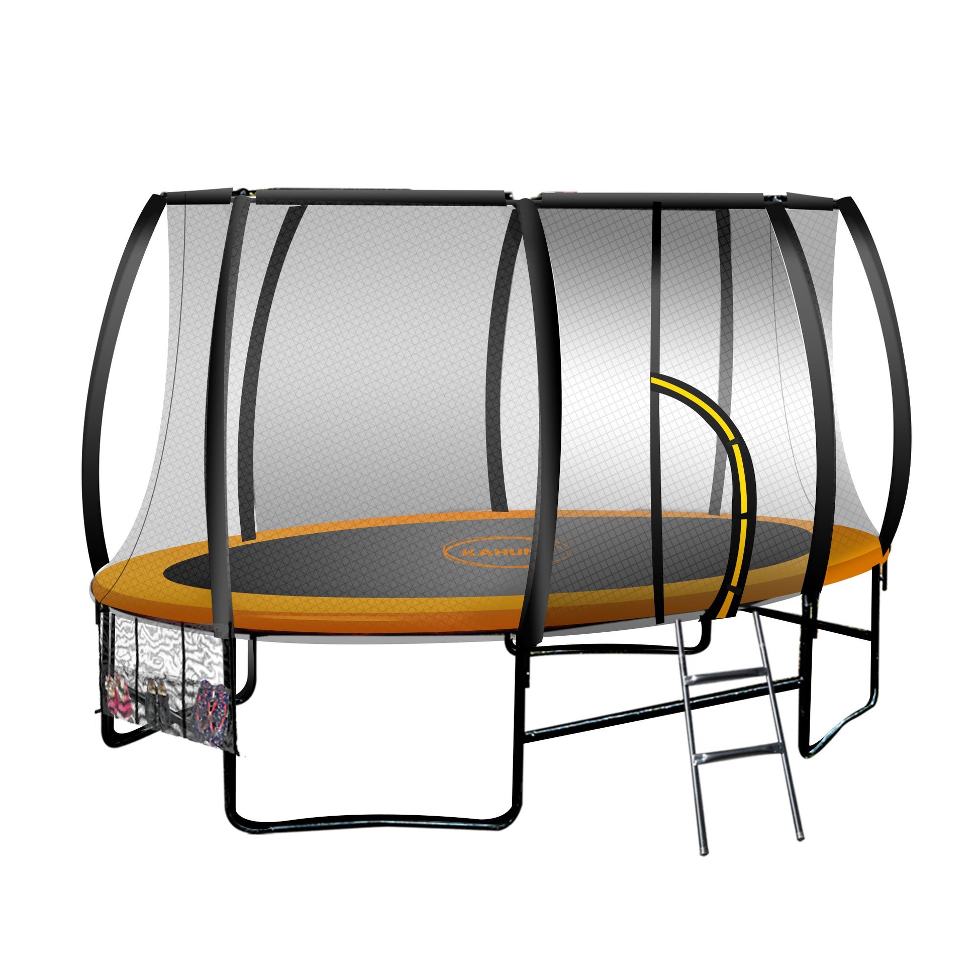 An oval-shaped Kahuna trampoline in orange color with an attached safety enclosure net and a steel ladder.