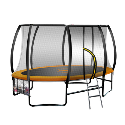 An oval-shaped Kahuna trampoline in orange color with an attached safety enclosure net and a steel ladder.