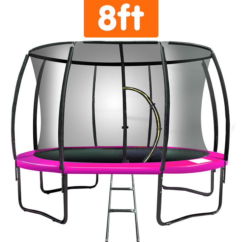 8ft trampoline with pink rim and black net on a white background