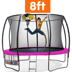 8ft trampoline with safety net and basketball hoop, child jumping.