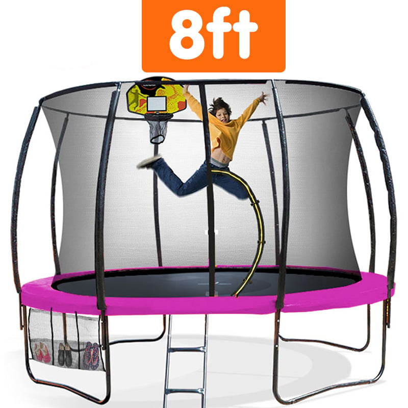 8ft trampoline with safety net and basketball hoop, child jumping.