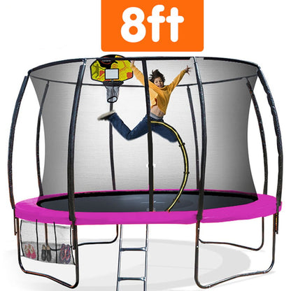 8ft trampoline with safety net and basketball hoop, child jumping.