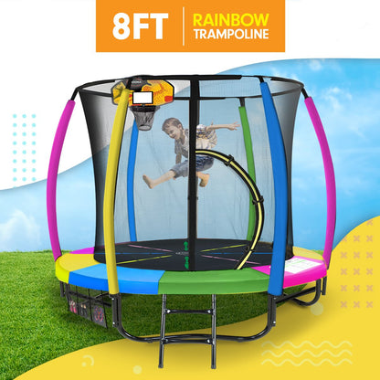 8FT Rainbow Trampoline with a child jumping, set against a blue sky and grass background.