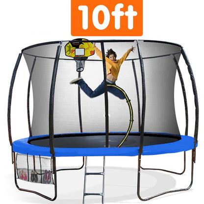 10ft trampoline with safety net and basketball hoop on a white background