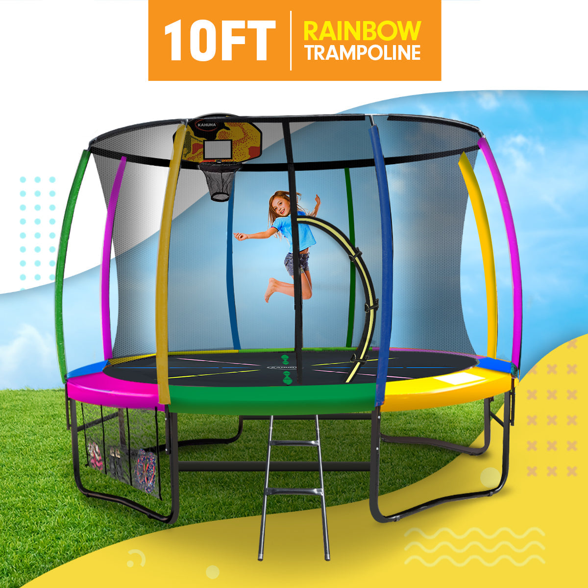 Kahuna 10ft Outdoor Trampoline Kids Children With Safety Enclosure Pad Mat Ladder Basketball Hoop Set - Rainbow