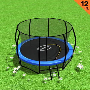 A 12ft round trampoline with a blue padding cover, a safety enclosure net, and a black ladder placed on grass.
