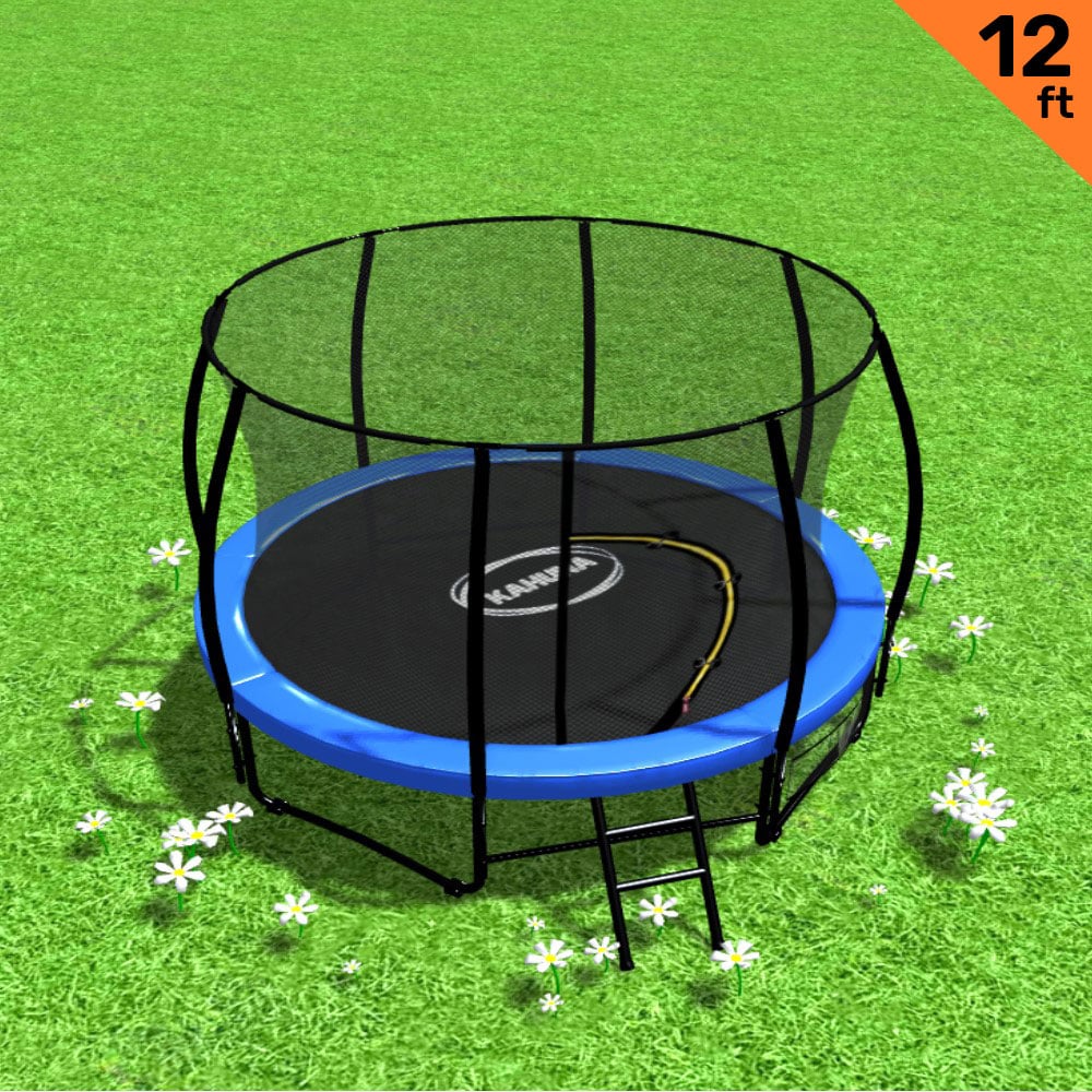 A 12ft round trampoline with a blue padding cover, a safety enclosure net, and a black ladder placed on grass.