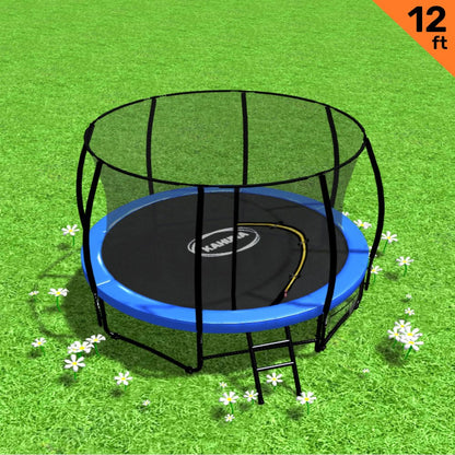 A 12ft round trampoline with a blue padding cover, a safety enclosure net, and a black ladder placed on grass.
