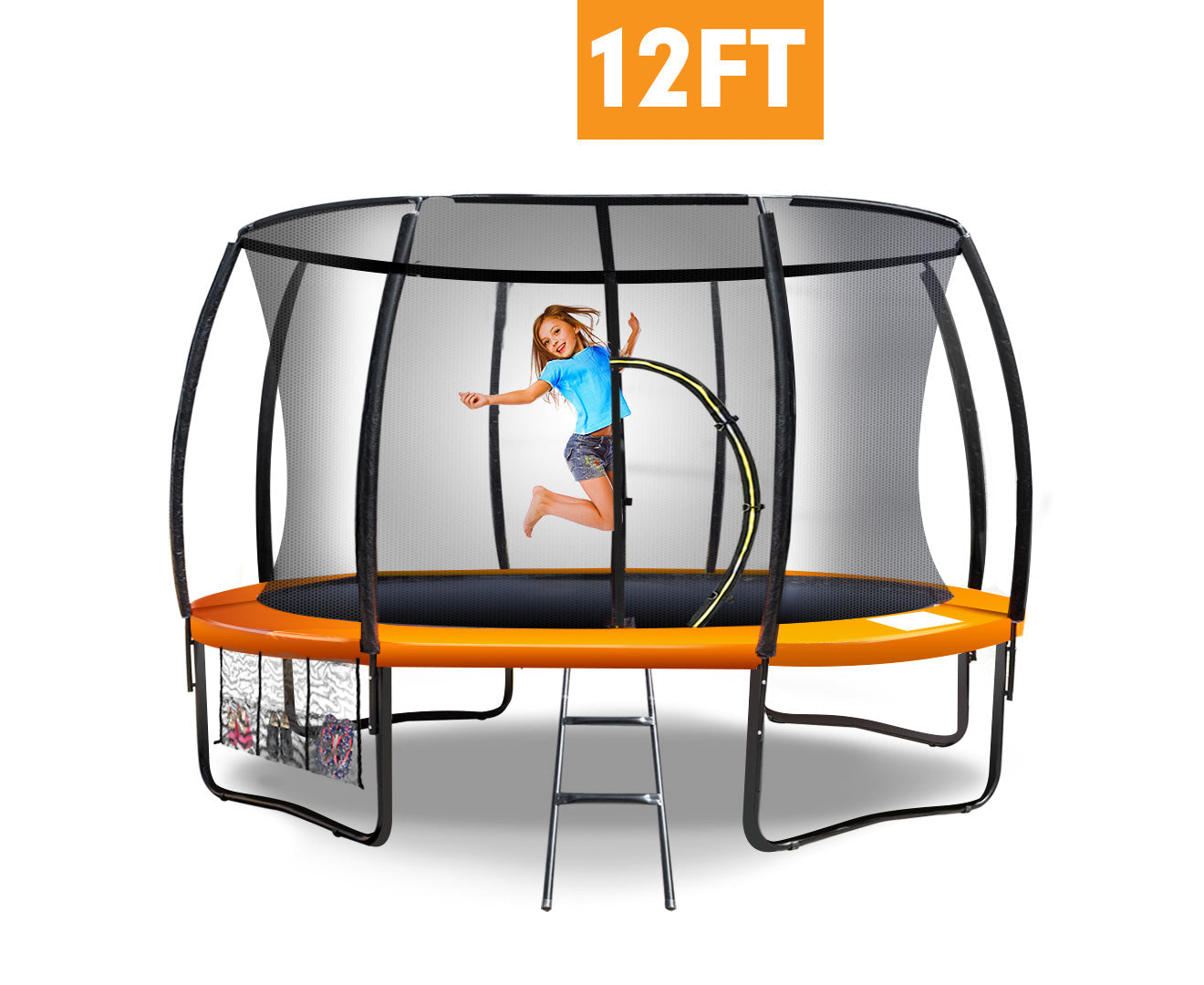 12-foot trampoline with safety net and child jumping, on a white background