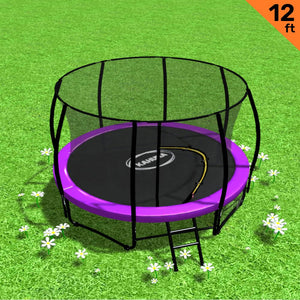 A 12ft round trampoline with a purple padding cover, safety enclosure net, and a black steel frame. A ladder is placed against the trampoline.