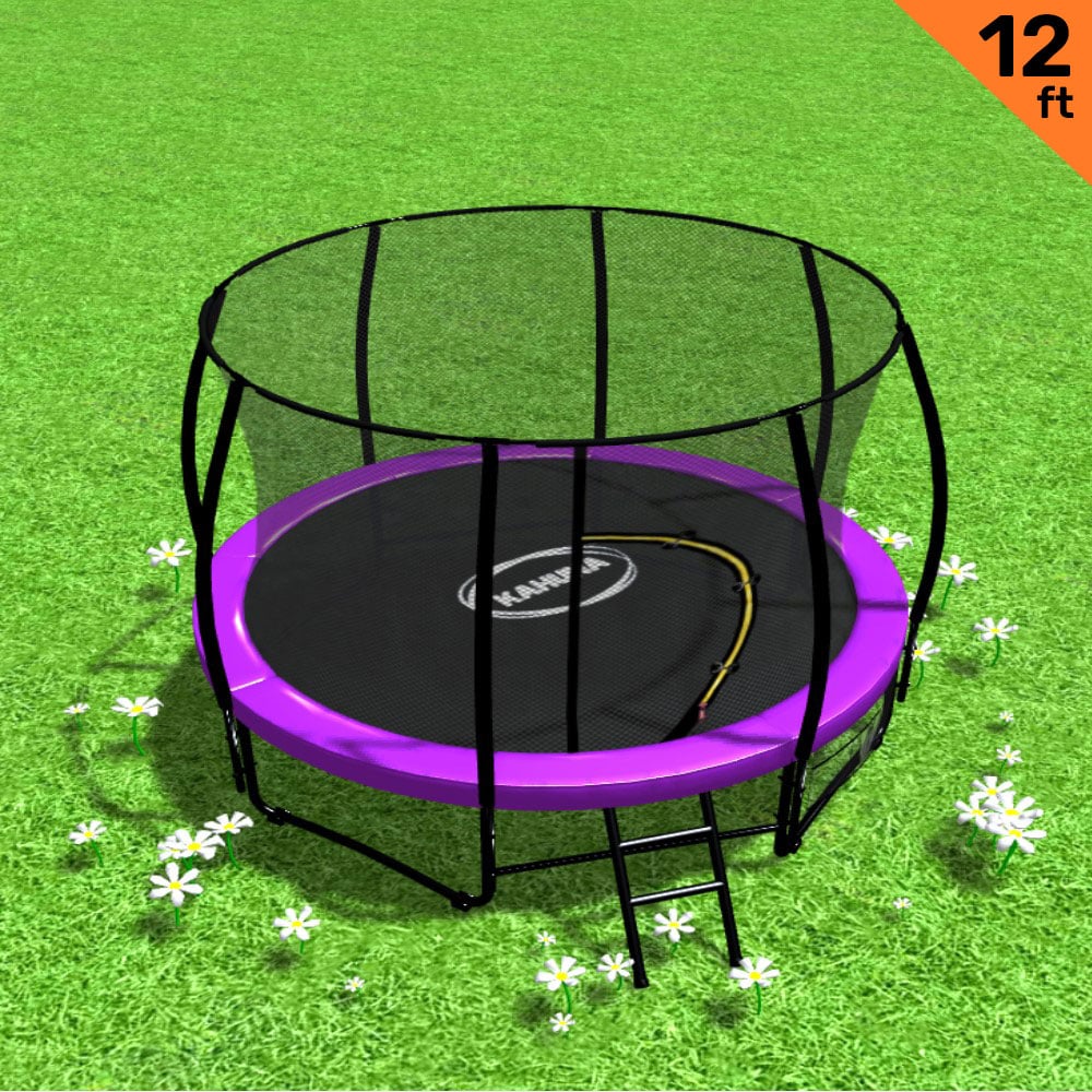 A 12ft round trampoline with a purple padding cover, safety enclosure net, and a black steel frame. A ladder is placed against the trampoline.