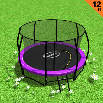 A 12ft round trampoline with a purple padding cover, safety enclosure net, and a black steel frame. A ladder is placed against the trampoline.