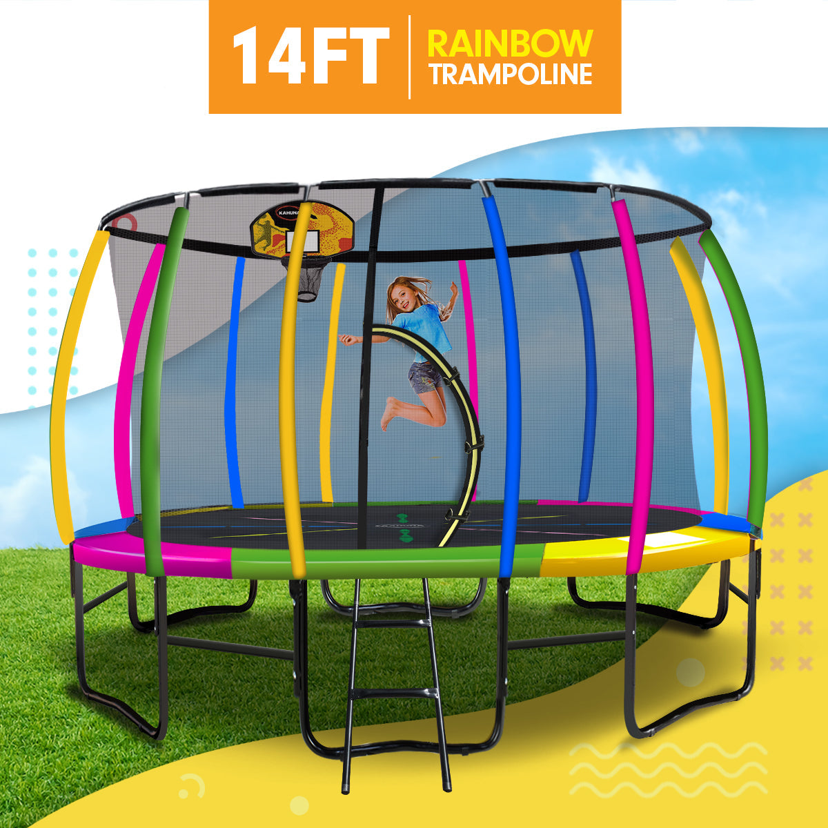 14ft rainbow trampoline with a child jumping, on grass with a blue sky background.