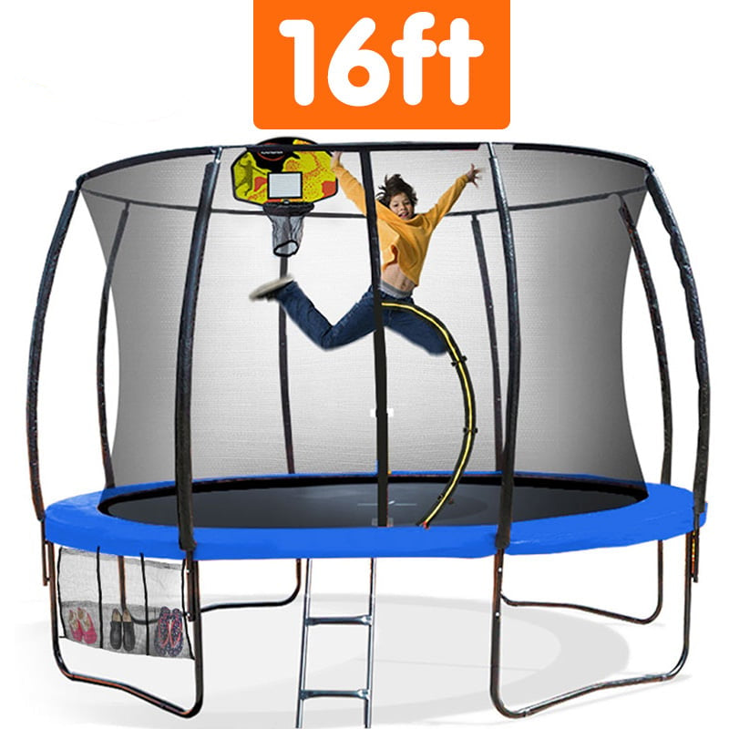 16ft trampoline with safety net and basketball hoop, child jumping on trampoline.