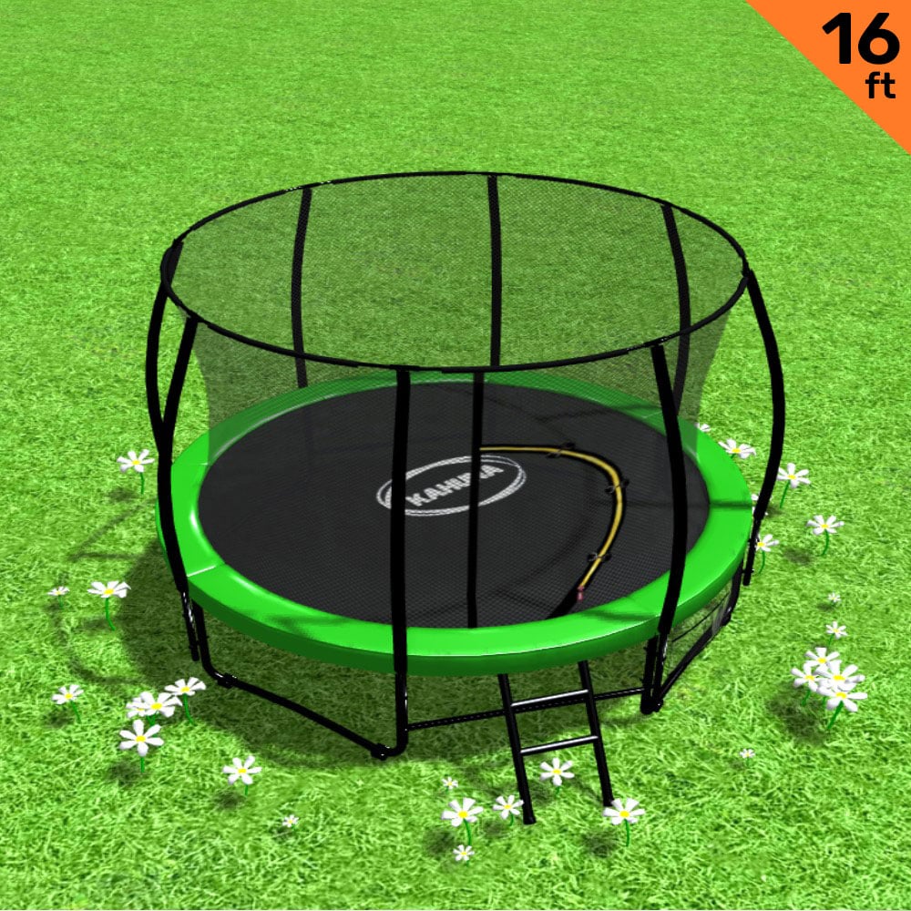 A 16ft round trampoline with a green padding cover, safety net, and black steel frame. A ladder is placed against the trampoline, and the image indicates it's 16 feet in diameter.