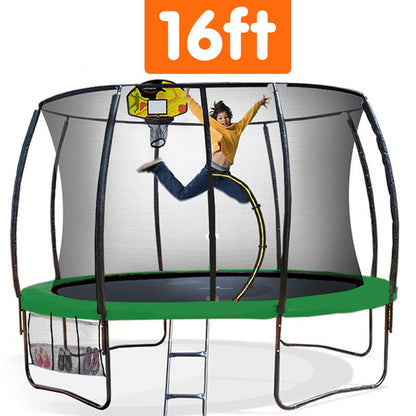 16ft trampoline with safety net and basketball hoop, child jumping, on a white background