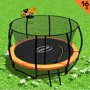 A 16ft round trampoline with an orange safety enclosure, black padding, and a yellow ladder placed on a grassy surface.