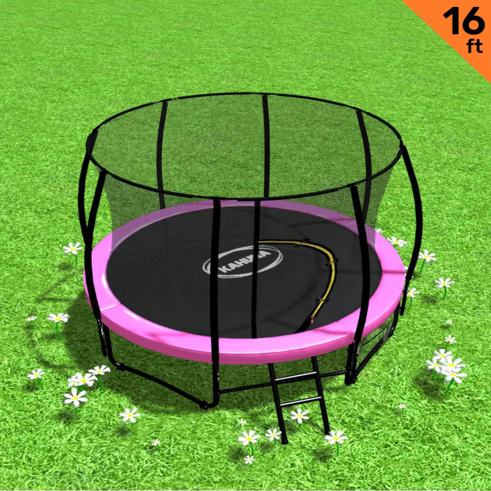 A 16 foot round trampoline with a pink padding cover, safety enclosure net, and a steel ladder placed on grass with daisies around.