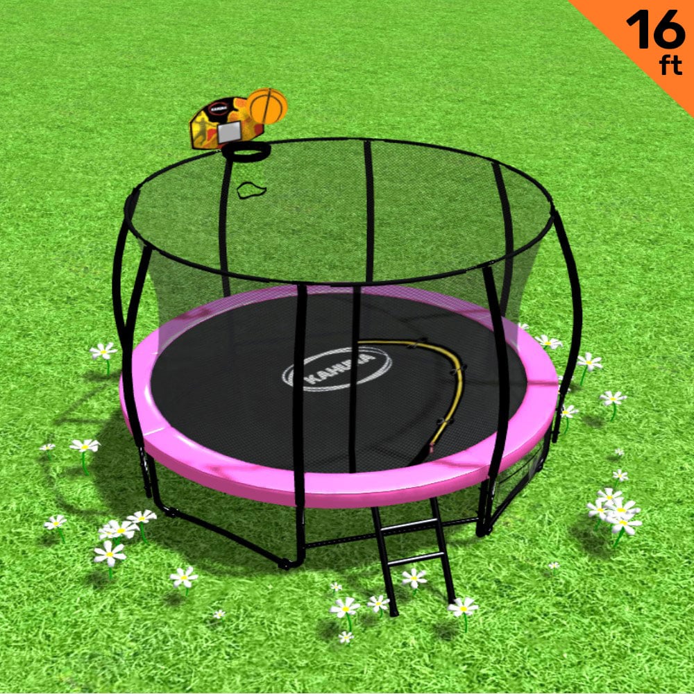 A 16ft round trampoline with a pink jumping mat, black safety enclosure, and a basketball hoop set. Includes a steel ladder placed on grass with white flowers around.