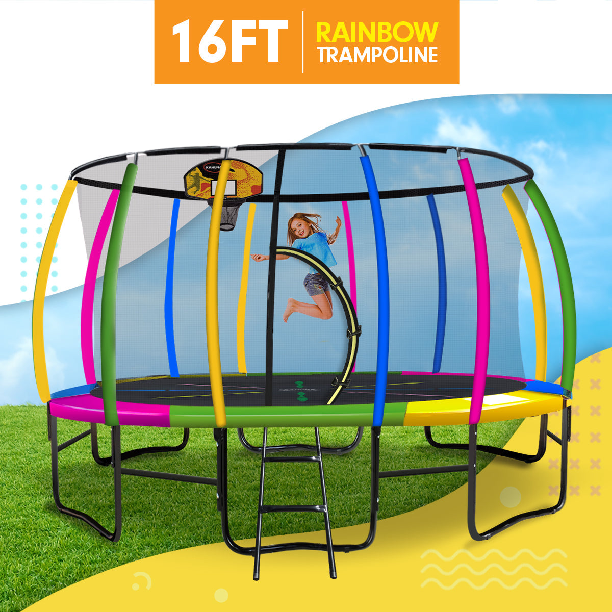 16ft rainbow trampoline with a child jumping, set against a clear blue sky.
