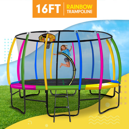 16ft rainbow trampoline with a child jumping, set against a clear blue sky.