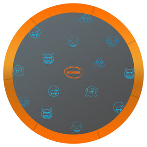 A 6ft round trampoline jumping mat with a gray center and orange edging, featuring a pattern of colorful emoji faces across the surface.