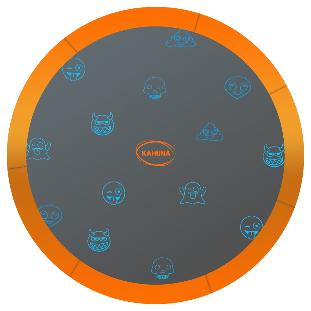 A round trampoline jumping mat with a gray center and orange outer edge featuring a pattern of colorful emoji faces.