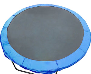 A round trampoline safety spring pad cover with a blue outer skirt and a gray inner padding area.